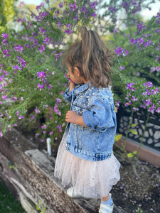 Athena- Embroidered Kid Pearl Denim Jacket