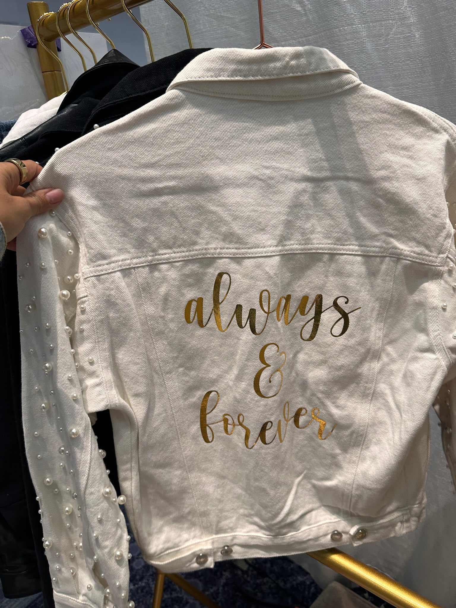 White Denim Jacket with Pearl Sleeves
