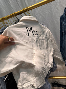 White Cropped Denim Jacket with Feather Cuffs- Mrs.