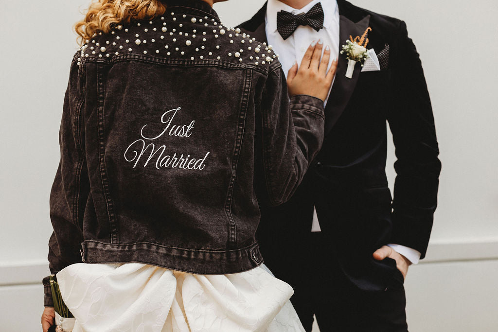 JUST MARRIED Black Denim Jacket (Embroidered)