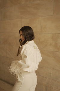 White feather bride denim jacket with Mrs. on the back.