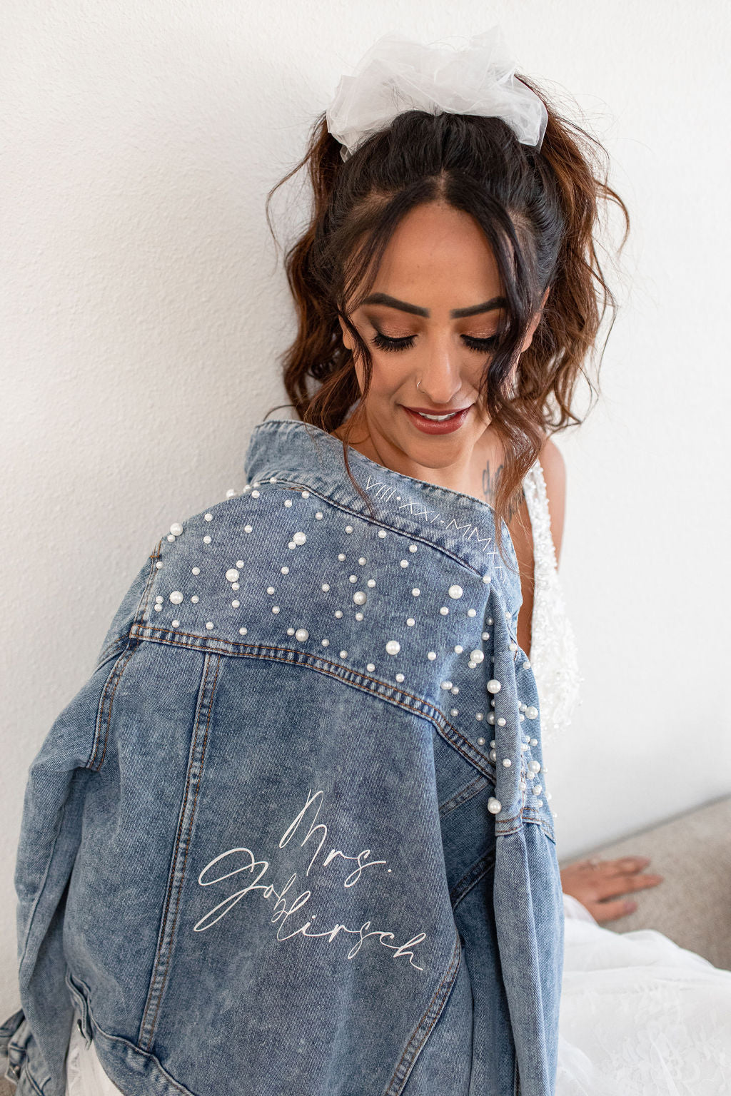pearl blue denim bride jean jacket personalized with future last name