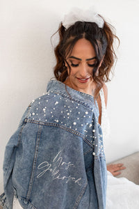 pearl blue denim bride jean jacket personalized with future last name