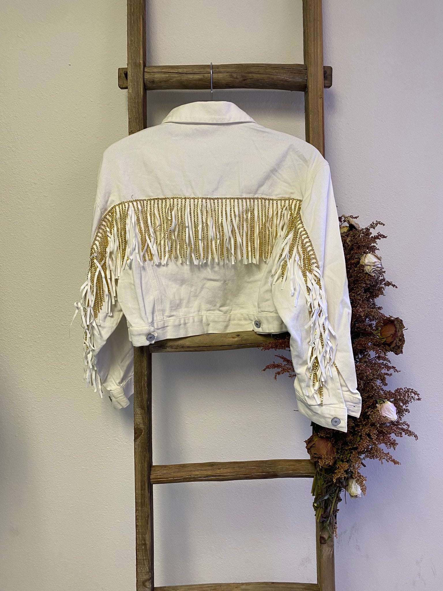 White Cropped Jacket with Gold Rhinestone Fringe + White Fringe