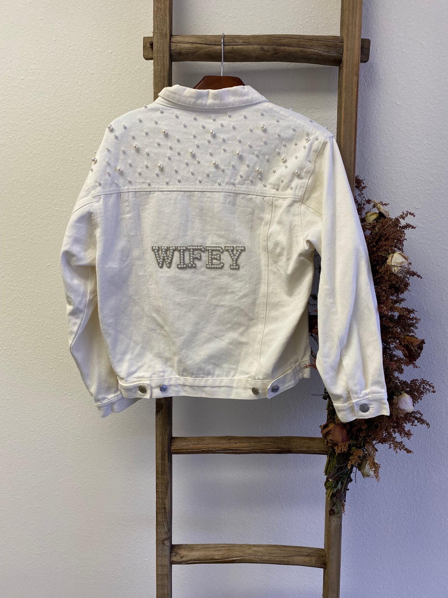 White Pearl Denim with Pearl/Rhinestone patches- Wifey