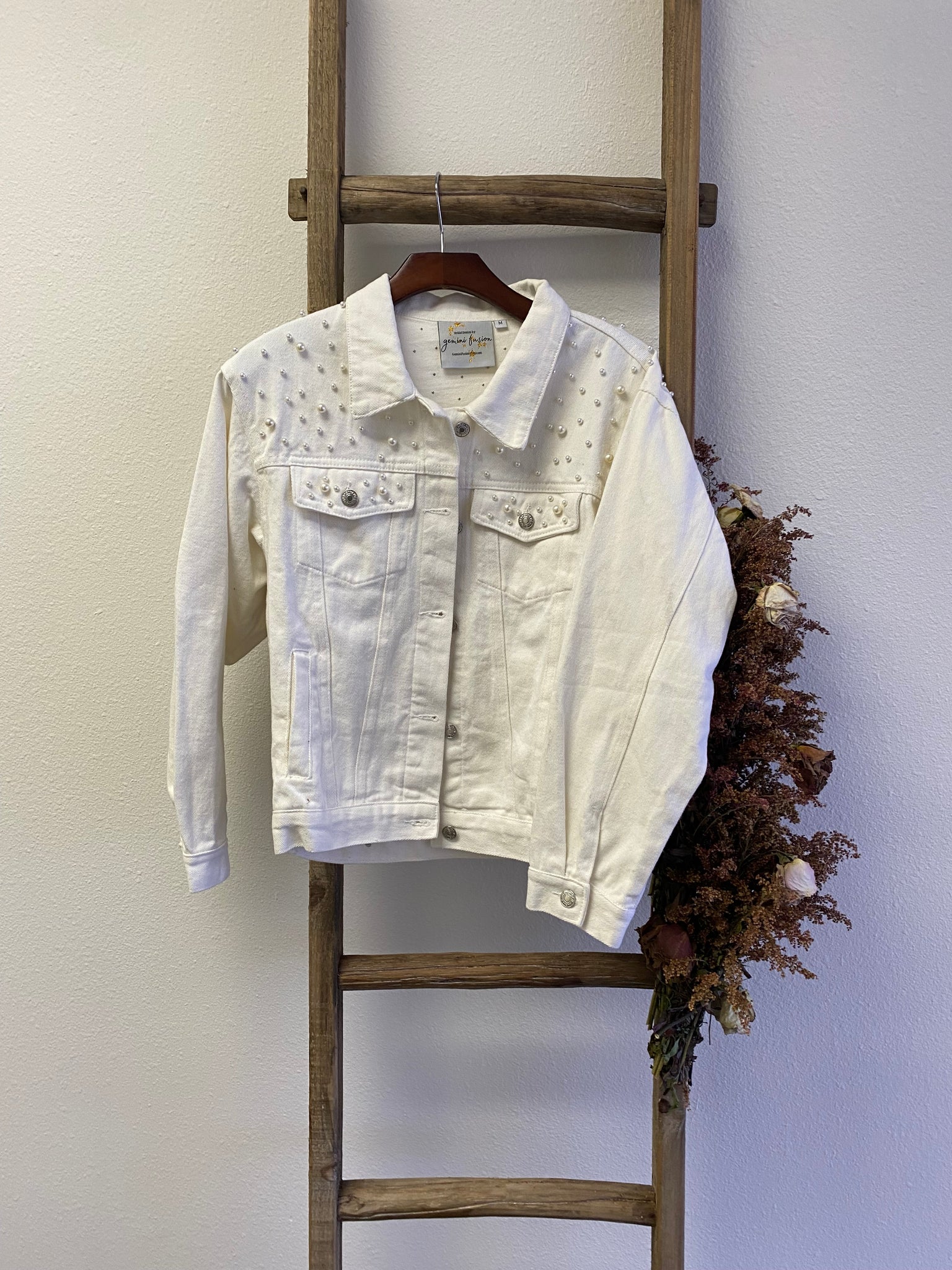 White Pearl Denim with Pearl/Rhinestone patches- Wifey