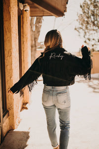 Black personalized bride jacket with fringe with future last name 